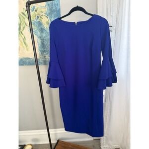 New! CALVIN KLEIN Exquisite BLUE Bell Sleeves Timeless‎ Sheath Dress Size 10